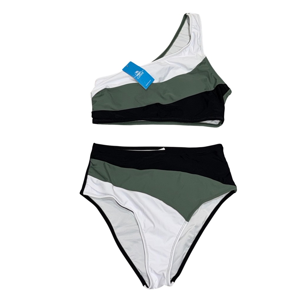 Cupshe Bikini Set Women Medium Green Black White NEW One Shoulder High Waisted